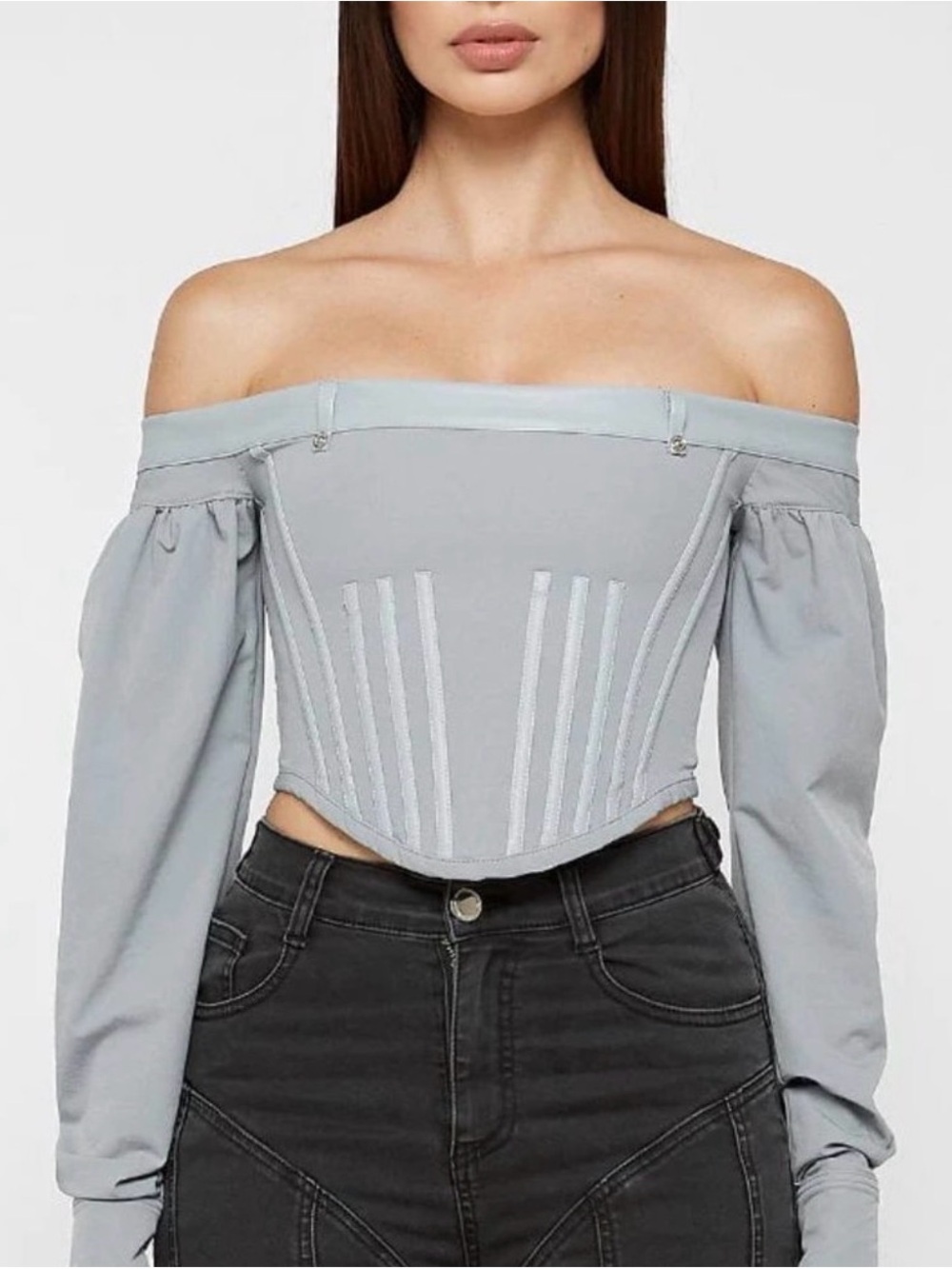NWT Maniere De Voir Pale Gray Off-Shoulder Corset Blouse